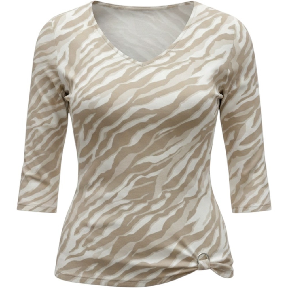 Sport Savvy Womens XS Tan White Zebra Print V-Neck 3/4 Sleeve Ring Detail Top
